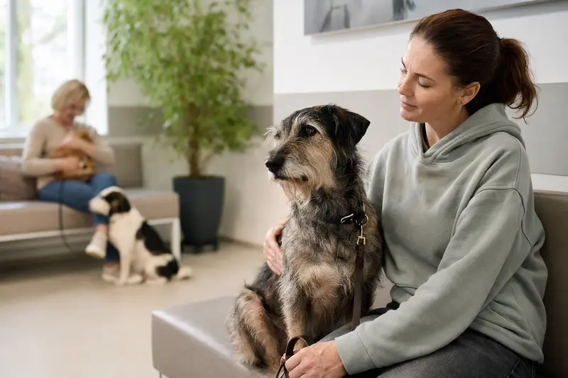Ein Lurcher sitzt ruhig neben seinem Besitzer im hellen Wartezimmer einer modernen Tierarztpraxis.